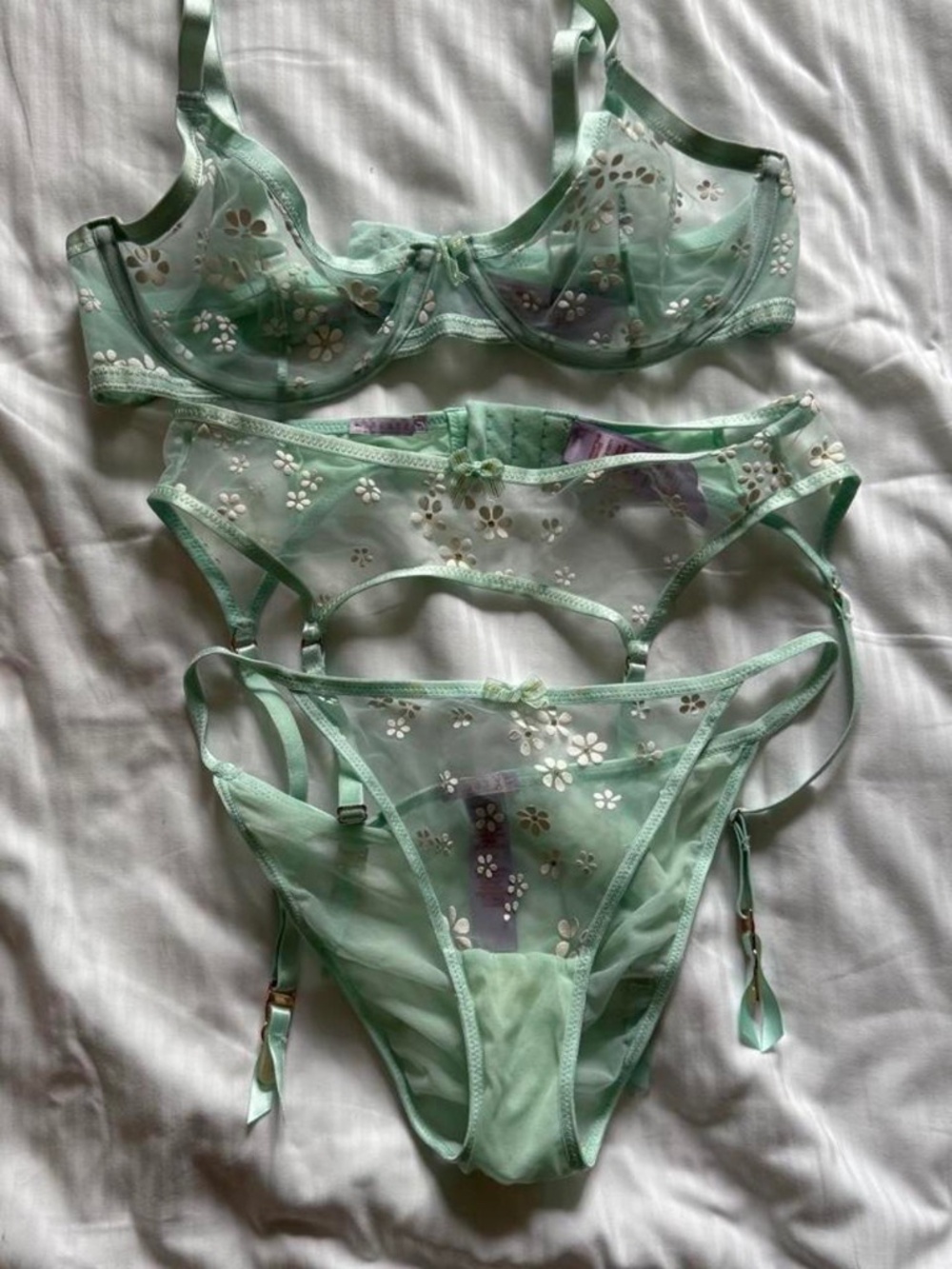 Savage X Fenty Mint Green Floral Mesh 3-Piece Lingerie Set